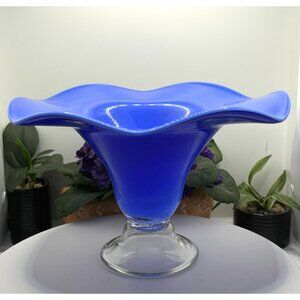 Vintage Blue Blown Glass Pedestal Compote Bowl With Clear Stem